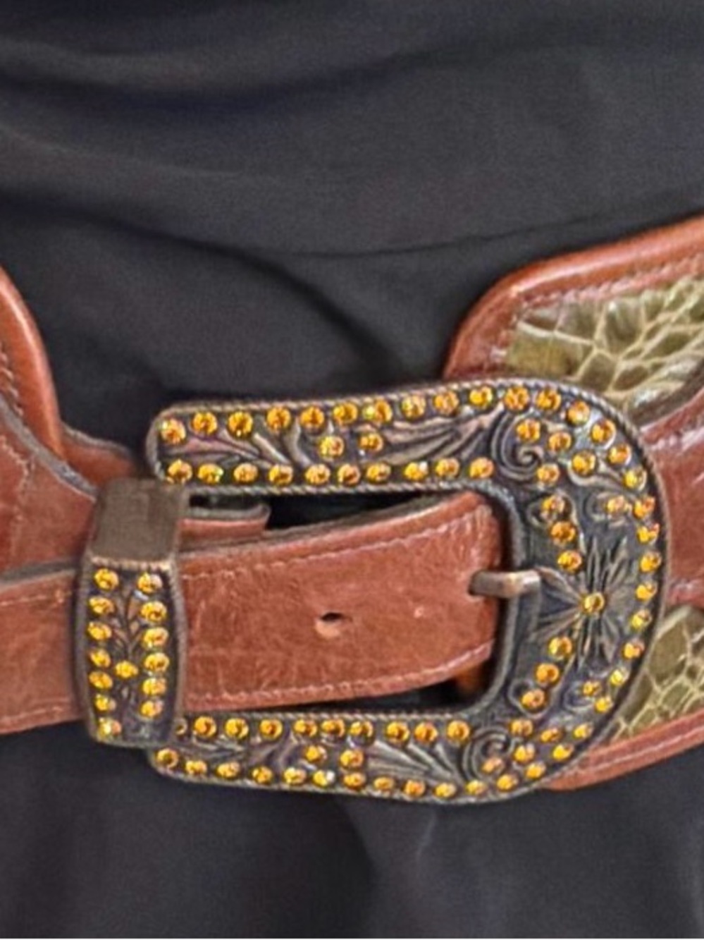 Kurtmen leather alligator belt studs crystals turquoise cross statement belt - Picture 6 of 16
